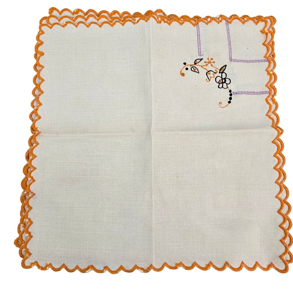 Vintage Embroidered Linen Napkins Set of 4 Orange Scalloped Edge Floral Tea 11.5